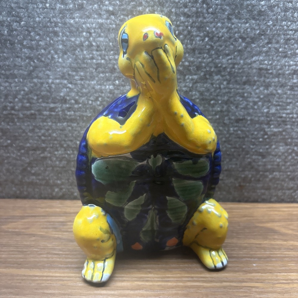 Talavera Cobalt Blue-yellow Pottery Hand Painted Turtle Art Mexico